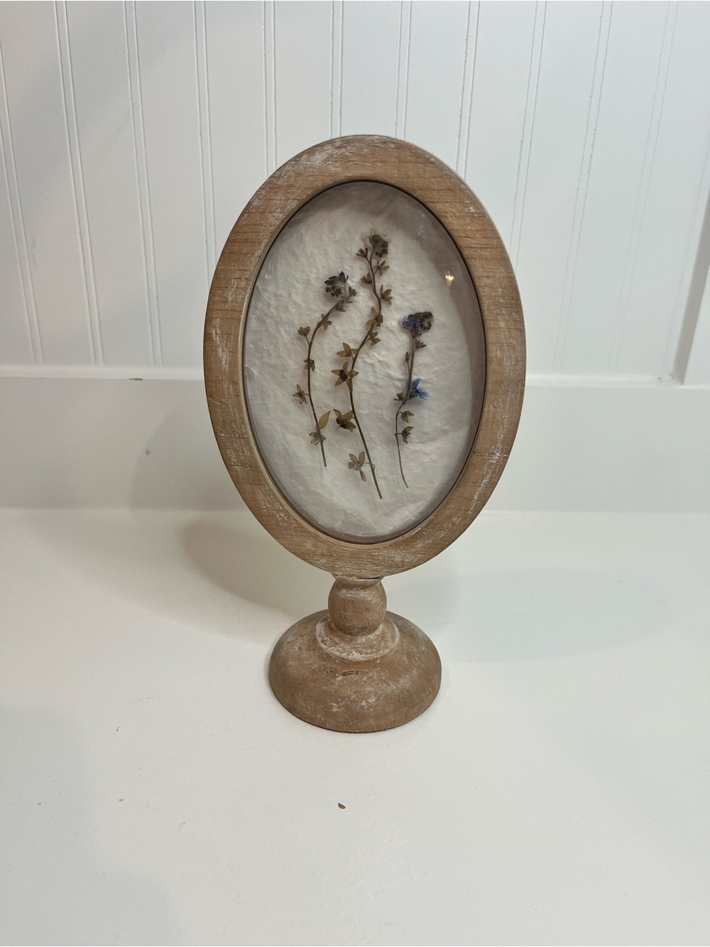 Wooden Oval Standing Frame with Pressed Flowers - Tan